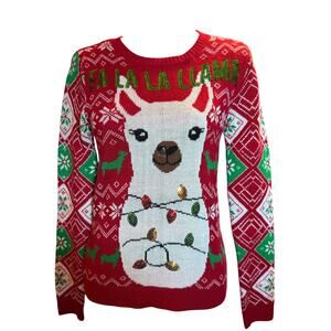Fa La La Llama Ugly Christmas Sweater, Sequin Lights Red Green, Size Small